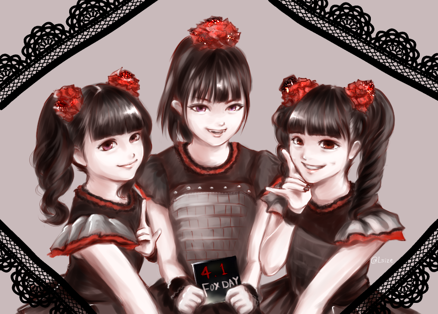 3girls, babymetal, black_hair, character_request, long_hair, lsize, multiple_girls, ponytail, ribbon, tagme, twintails