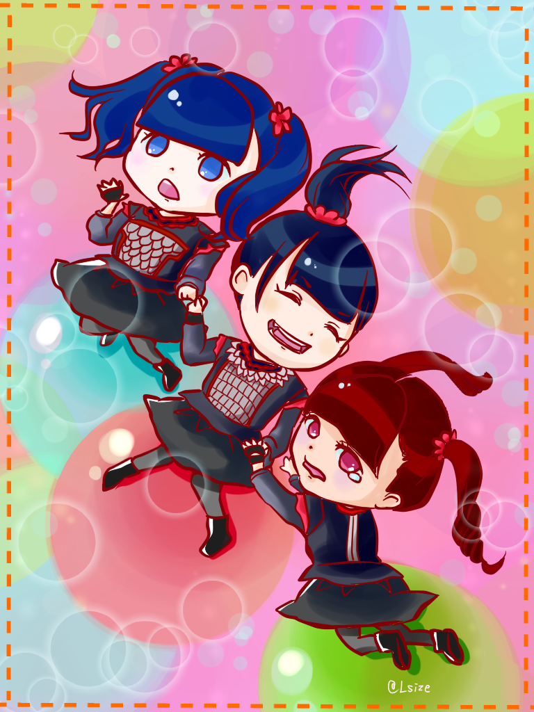 3girls, :o, babymetal, black_hair, bokeh, bow, character_request, crying