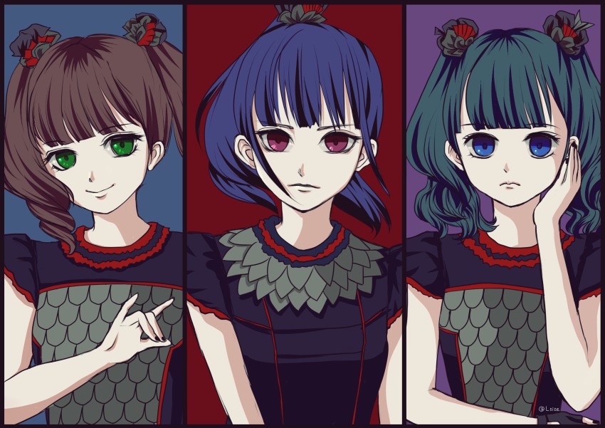 3girls, absurdres, babymetal, black_hair, blue_eyes, blue_hair, bow, brown_hair