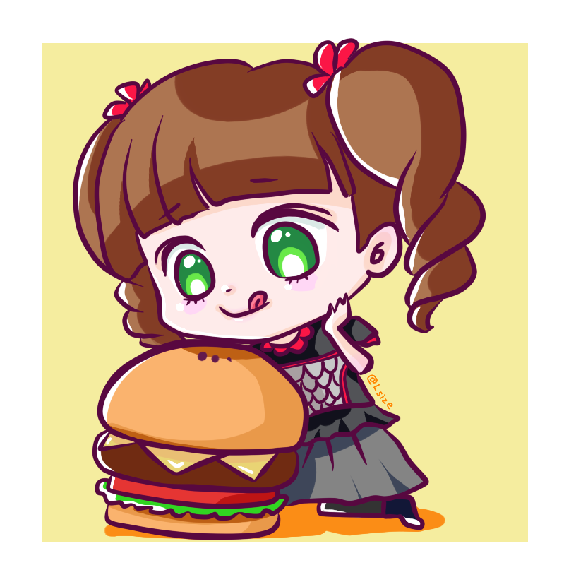babymetal, bow, brown_hair, character_request, food, green_eyes, burger, long_hair