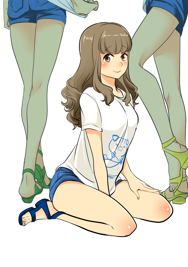 1girl, ass, blue_shorts, blush, brown_eyes, brown_hair, feet, kannagi_shiori