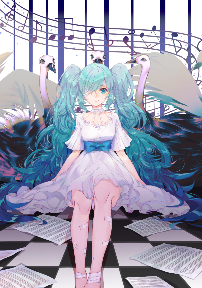 1girl, absurdres, aqua_eyes, aqua_hair, bandage_over_one_eye, beamed_quavers, bird, checkered_floor