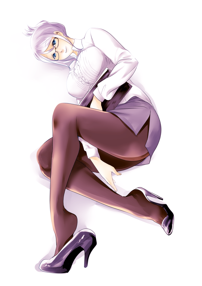 1girl, ass, between_legs, black_shoes, blue_eyes, breasts, brown_pantyhose, female_focus