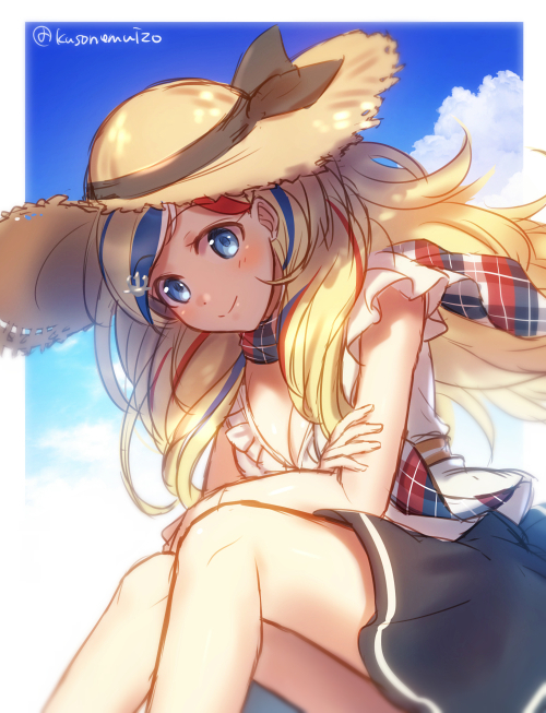 10s, 1girl, alternate_costume, black_skirt, blonde_hair, blue_eyes, blue_hair, blush