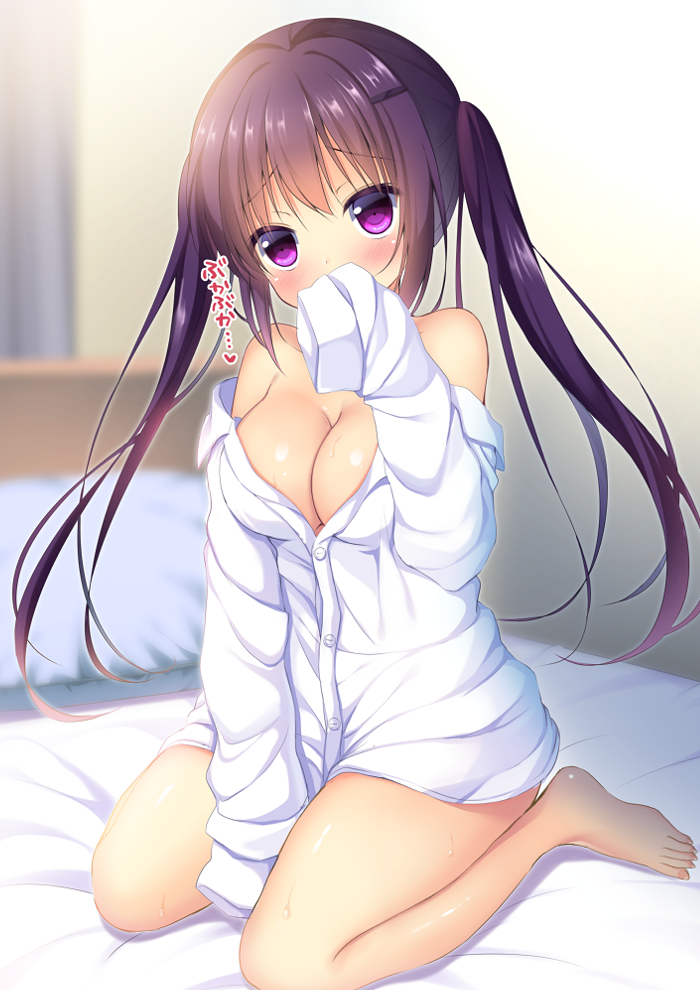 1girl, bare_legs, bare_shoulders, barefoot, bed, bed_frame, bedroom, between_legs