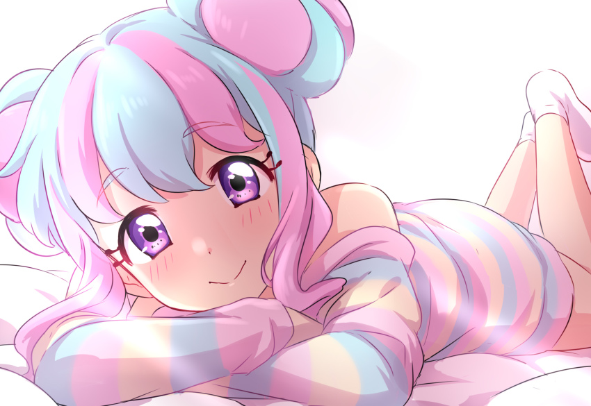 10s, :>, aikatsu!, aikatsu!_(series), aikatsu_stars!, aqua_hair, bare_shoulders, bed