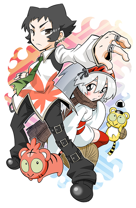 2girls, belt, beniko_(toranoana), black_eyes, black_hair, comic_toranoana, green_necktie, grey_eyes, japanese_clothes, jewelry, kotora_(toranoana), koyuki_(toranoana), leaf_print, long_hair, maple_leaf_print, mook-tv, multiple_girls, necktie, official_art, ring, short_hair, sidelocks, tora_da_yo., toranoana, white_hair