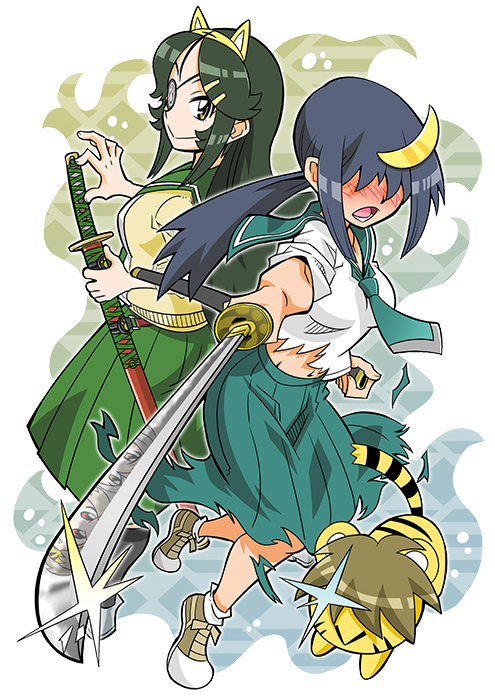 2girls, animal_ears, blush, character_request, comic_toranoana, eyepatch, fake_animal_ears, hair_over_eyes