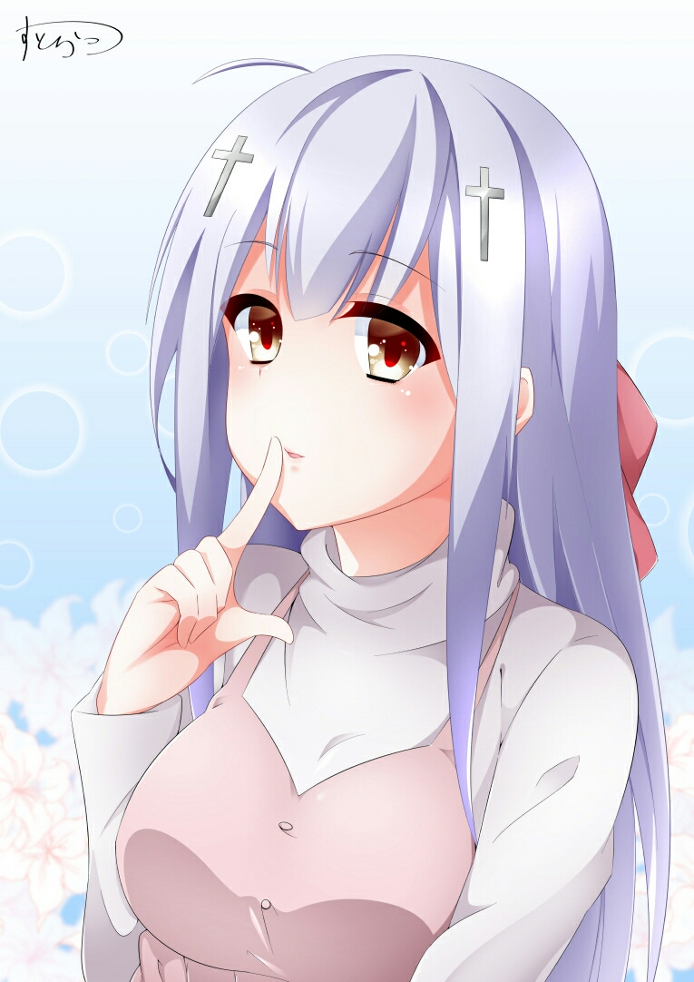 1girl, ahoge, aqua_background, bad_id, bad_pixiv_id, blunt_bangs, bow, breasts