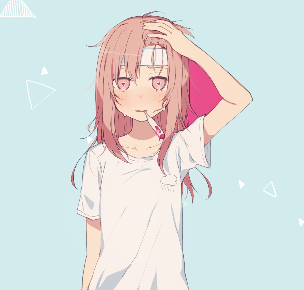 1girl, arm_up, blue_background, blush, brown_hair, collarbone, commentary, digital_thermometer, female_focus, fever, hair_between_eyes, hand_on_own_head, heart, heart-shaped_pupils, long_hair, looking_at_viewer, minamiya_mia, mouth_hold, original, pink_eyes, shirt, simple_background, solo, symbol-shaped_pupils, t-shirt, tears, thermometer, towel, towel_on_head, triangle, upper_body, white_shirt