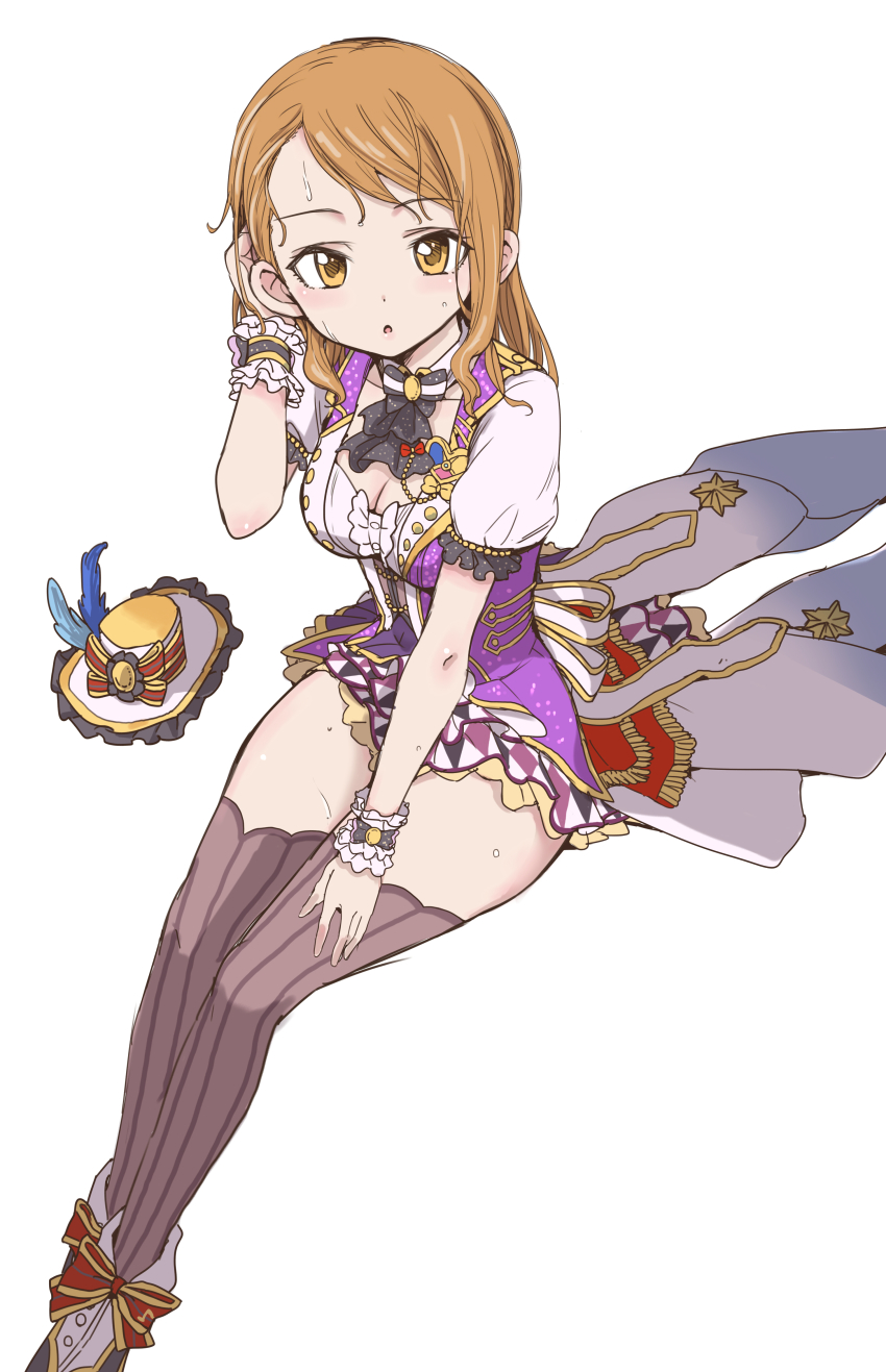 1girl, absurdres, blush, brown_eyes, brown_hair, dress, female_focus, hair_down, hat, highres, hojo_karen, idolmaster, idolmaster_cinderella_girls, idolmaster_cinderella_girls_starlight_stage, long_hair, looking_at_viewer, pizzasi, puffy_short_sleeves, puffy_sleeves, short_sleeves, showtime_illusion, sketch, solo, sweat, thighhighs, unworn_hat, unworn_headwear, wrist_cuffs