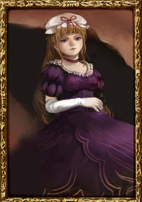 1girl, beatrice_(umineko), crossover, elbow_gloves, female_focus, framed, gloves, mathnote
