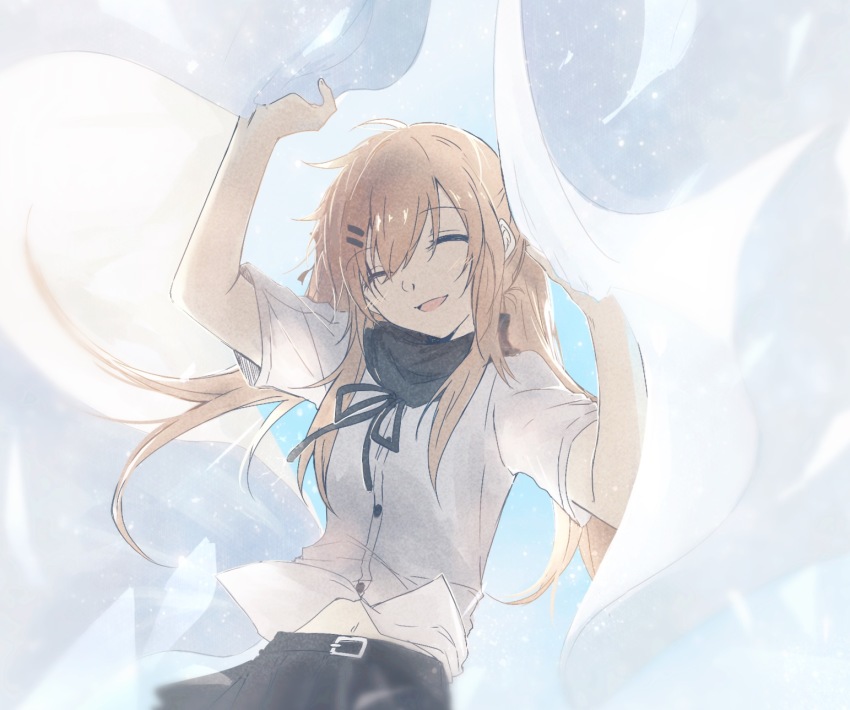 1girl, ^_^, belt, brown_hair, buttons, closed_eyes, cowboy_shot, curtain_grab