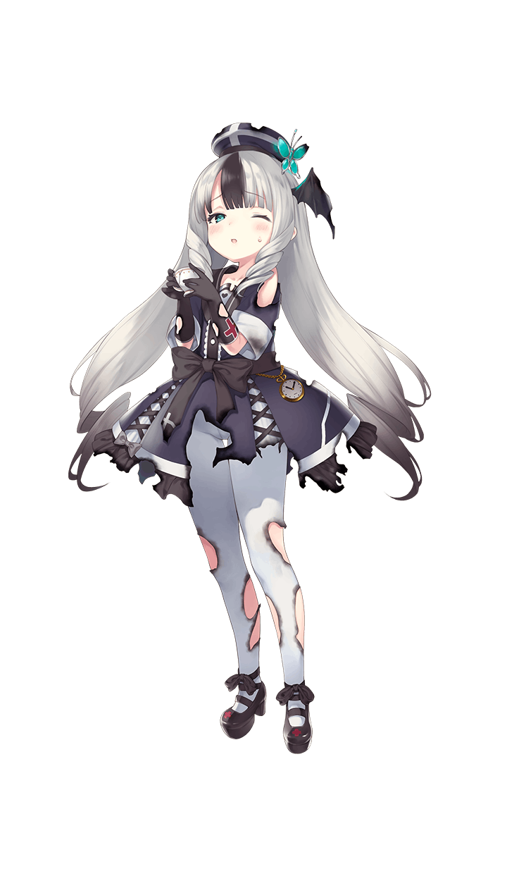 1girl, ;o, black_gloves, black_hair, black_shoes, blush, charlotte_bong, cup, dress, female_focus, formation_girls, full_body, gloves, gradient_hair, green_eyes, hat, head_wings, highres, lolita_fashion, long_hair, looking_at_viewer, multicolored_hair, one_eye_closed, pantyhose, pocket_watch, pokachu, shoes, silver_hair, solo, teacup, torn_clothes, torn_pantyhose, transparent_background, two-tone_hair, watch, white_pantyhose, wings