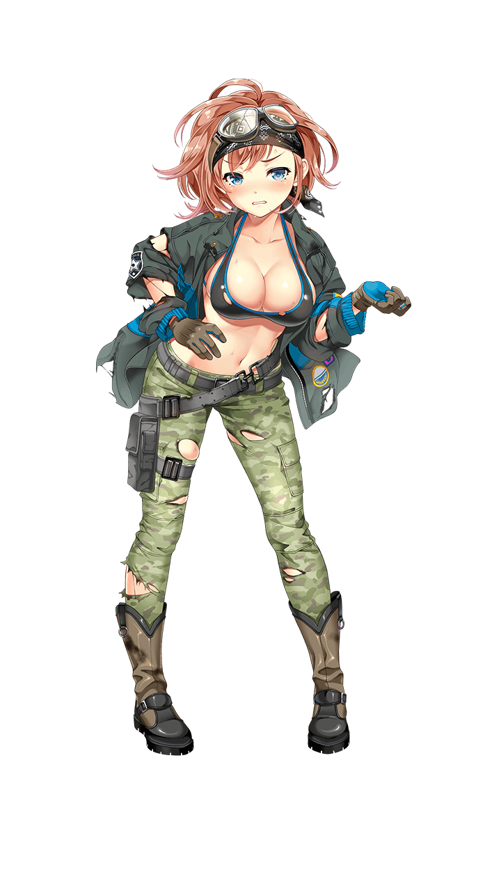 1girl, bandana, bikini, blue_eyes, blush, boots, breasts, brown_boots, camouflage, cleavage, dominic_shangri-la, female_focus, formation_girls, full_body, gloves, goggles, goggles_on_head, highres, jacket, kamura_poku, large_breasts, light_brown_hair, looking_at_viewer, navel, official_art, open_clothes, open_jacket, solo, swimsuit, torn_clothes, torn_jacket, transparent_background