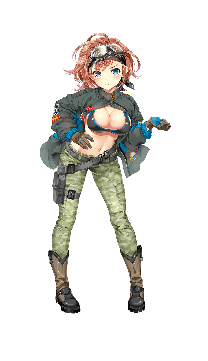 1girl, bandana, bikini, blue_eyes, boots, breasts, brown_boots, camouflage, cleavage, dominic_shangri-la, female_focus, formation_girls, full_body, gloves, goggles, goggles_on_head, highres, jacket, kamura_poku, large_breasts, light_brown_hair, looking_at_viewer, navel, official_art, open_clothes, open_jacket, solo, swimsuit, transparent_background