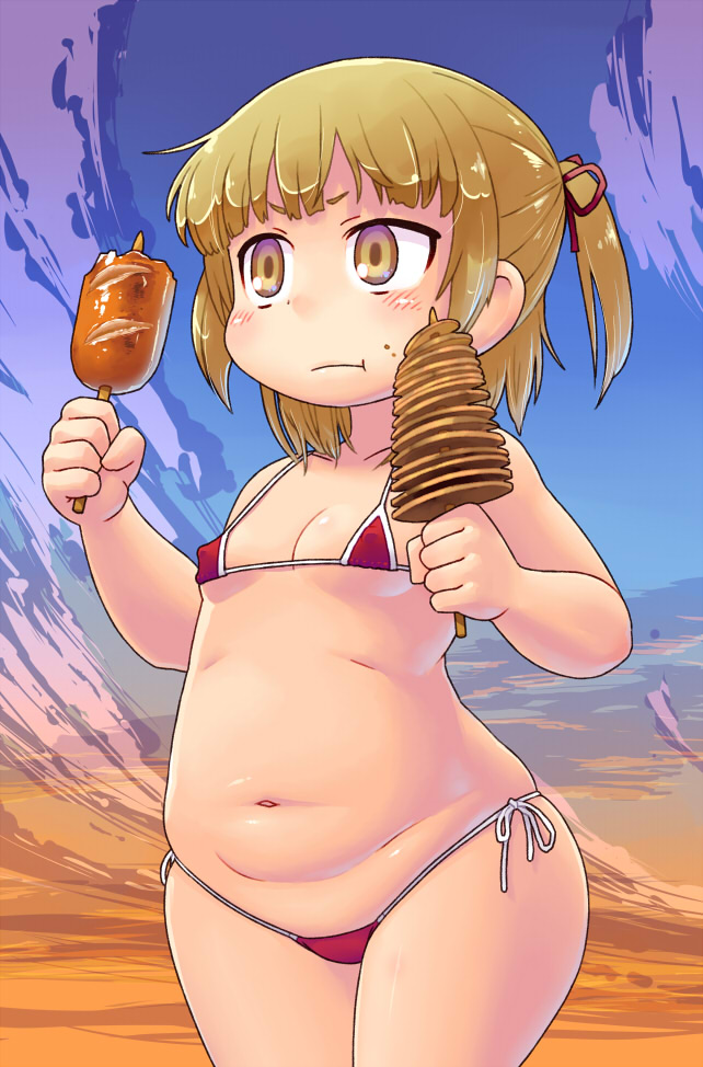 1girl, :t, bikini, blush, breasts, brown_eyes, brown_hair, covered_erect_nipples, cowboy_shot, eating, female_focus, food, food_on_face, gabyo_nuno, hair_ribbon, holding, holding_food, legs_together, marui_mitsuba, micro_bikini, mitsudomoe_(manga), navel, plump, red_bikini, red_ribbon, ribbon, sausage, short_hair, side-tie_bikini_bottom, skewer, small_breasts, solo, standing, string_bikini, swimsuit, twintails