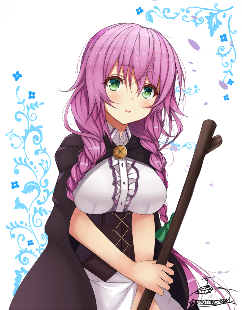 1girl, black_cape, blush, bow, braid, breasts, cape, cowboy_shot, female_focus, flower_knight_girl, green_bow, green_eyes, hair_bow, heather_(flower_knight_girl), holding, large_breasts, long_hair, looking_at_viewer, parted_lips, pink_hair, signature, solo, stick, suzume_(simple0091), twin_braids, white_background