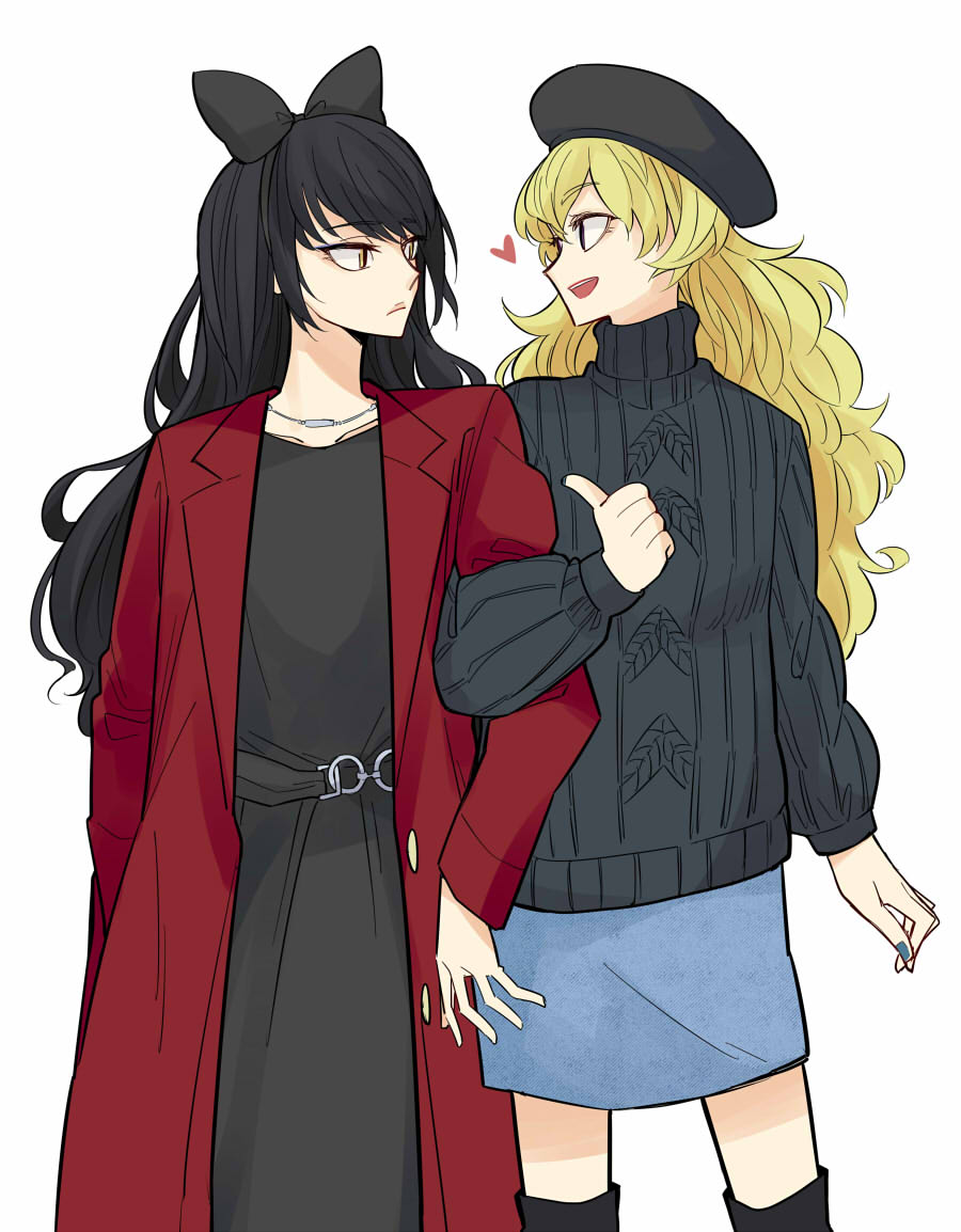2girls, aran_sweater, beret, black_sweater, blake_belladonna, blue_skirt, bow, cable_knit