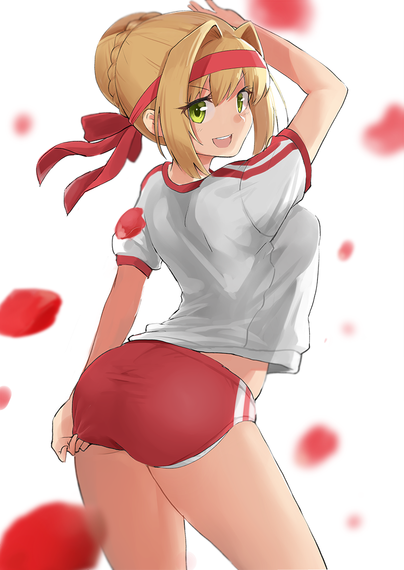 >:d, 1girl, :d, adjusting_buruma, adjusting_clothes, arm_up, ass, blonde_hair