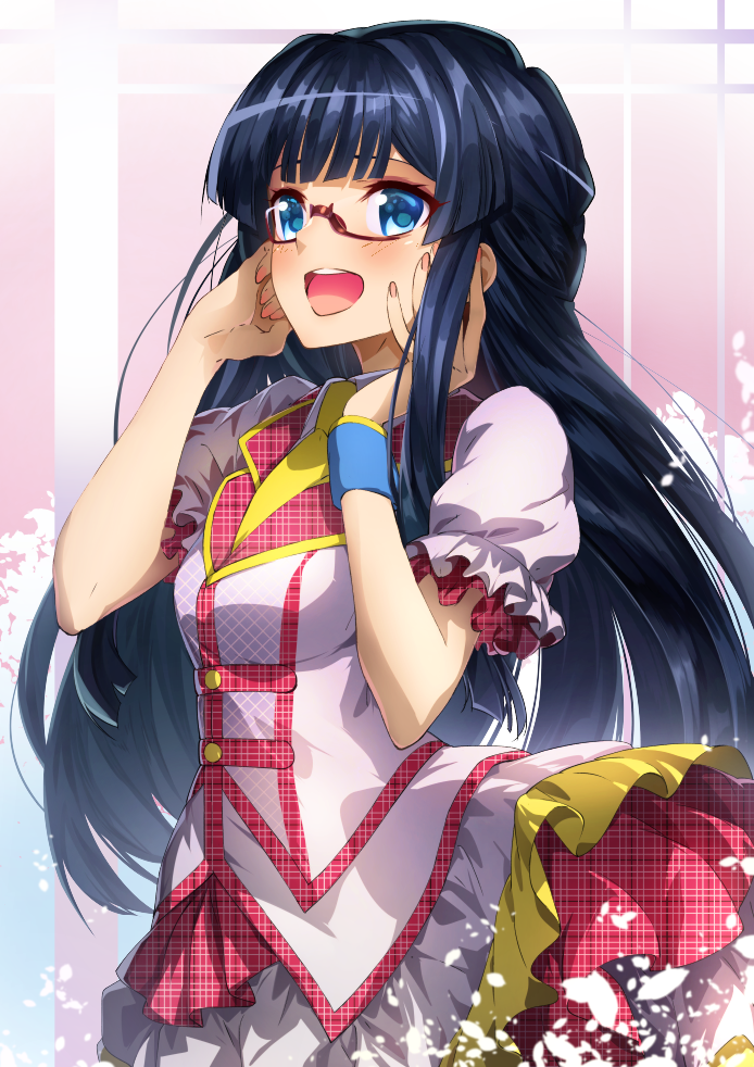 1girl, bad_id, bad_pixiv_id, bespectacled, black_hair, blue_eyes, cowboy_shot, dreaming_stars_(idolmaster)