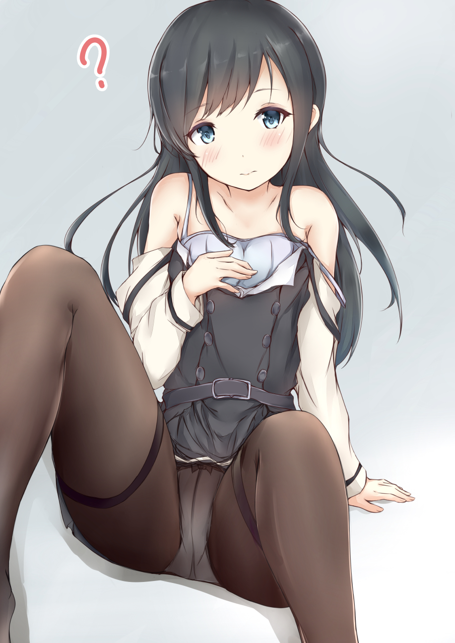 10s, 1girl, asashio_(kancolle), black_hair, black_pantyhose, blue_background, blue_bra, blue_eyes, blush, bra, buttons, clothes_pull, dress, dress_pull, highres, kantai_collection, long_hair, long_sleeves, migiue, panties, panties_under_pantyhose, pantyhose, pinafore_dress, pleated_skirt, school_uniform, shirt, shirt_pull, sitting, skirt, sleeveless, sleeveless_dress, spread_legs, training_bra, underwear, white_shirt