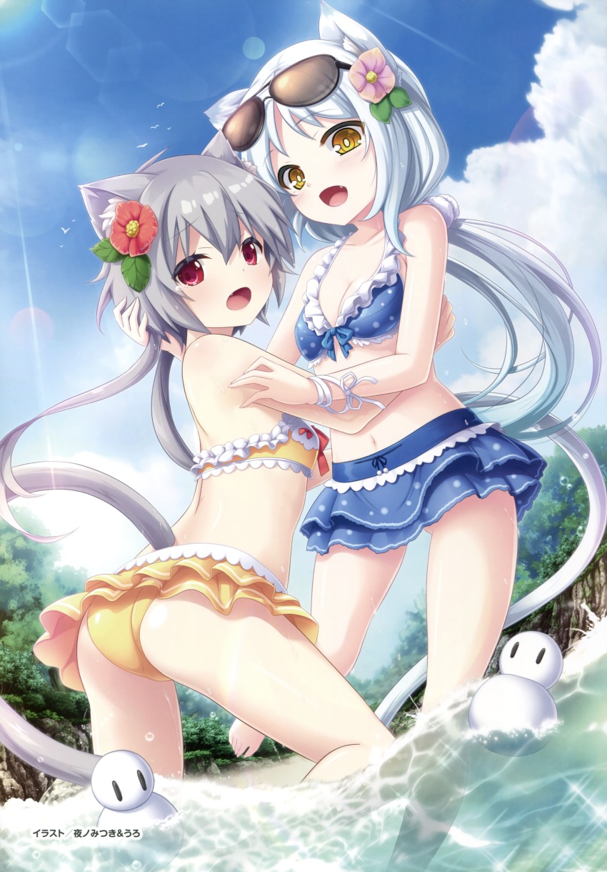 2girls, :d, absurdres, amayui_castle_meister, animal_ears, beach, bikini, bikini_skirt, blue_bikini, blue_sky, breasts, cat_ears, cat_tail, cleavage, cloud, collarbone, day, eyewear_on_head, fang, floating_hair, flower, from_below, grey_hair, hair_flower, hair_ornament, highres, layered_bikini, lens_flare, long_hair, multiple_girls, navel, open_mouth, outdoors, ponytail, purple_flower, red_eyes, red_flower, ribbon, short_hair_with_long_locks, sky, small_breasts, smile, sunglasses, swimsuit, tail, uro_(eushully), very_long_hair, wading, white_ribbon, wrist_ribbon, yano_mitsuki_(nanairo), yellow_bikini, yellow_eyes