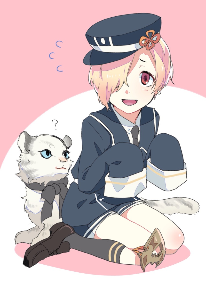 10s, 1girl, baby_animal, black_necktie, blonde_hair, blue_sclera, blue_shorts, colored_sclera