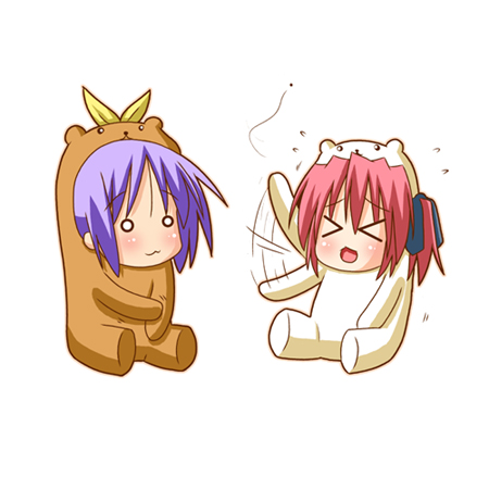 >_<, 00s, 2girls, :3, animal_costume, bear_costume, bear_tsukasa, bear_yutaka, bug, capybara-san, chibi, closed_eyes, fly, hiiragi_tsukasa, insect, kobayakawa_yutaka, lowres, lucky_star, minami_(colorful_palette), mosquito, motion_blur, multiple_girls, o_o, open_mouth, purple_hair, red_hair, scratches, scratching, short_hair, simple_background, sitting, waving, x3