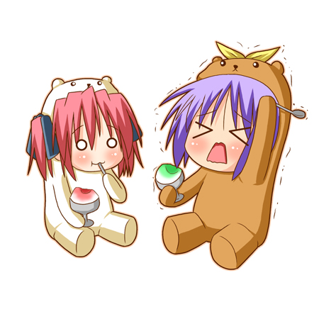 >_<, 00s, 2girls, animal_costume, bear_costume, bear_tsukasa, bear_yutaka, brain_freeze