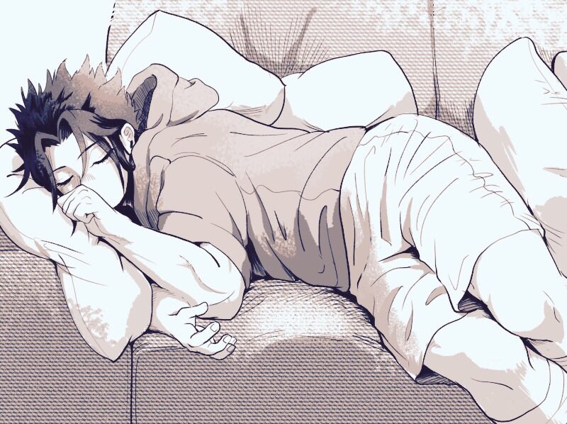 1boy, bad_id, bad_twitter_id, couch, closed_eyes, hair_intakes, hood, hoodie