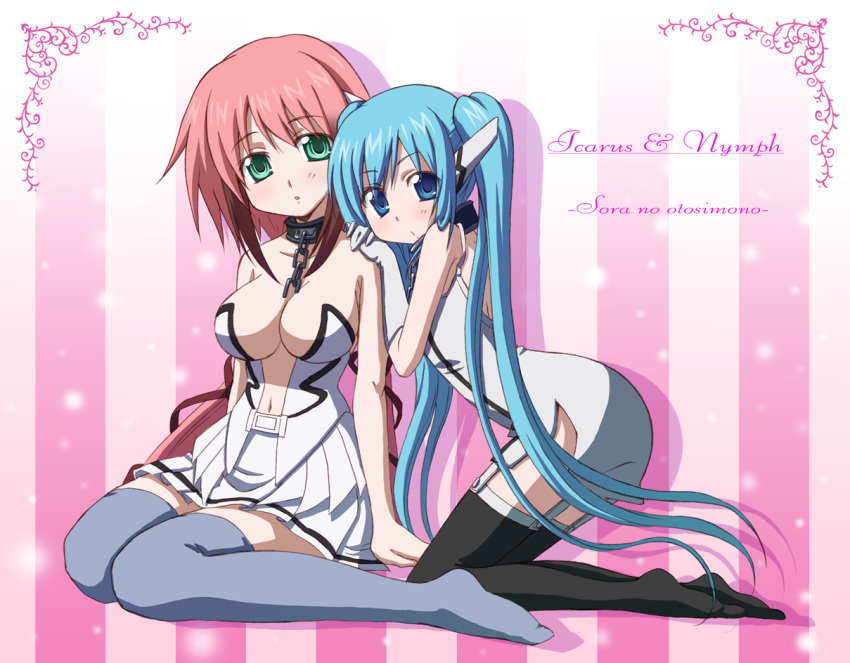 2girls, :o, arm_support, bare_arms, bare_shoulders, black_legwear, blue_eyes, blue_hair