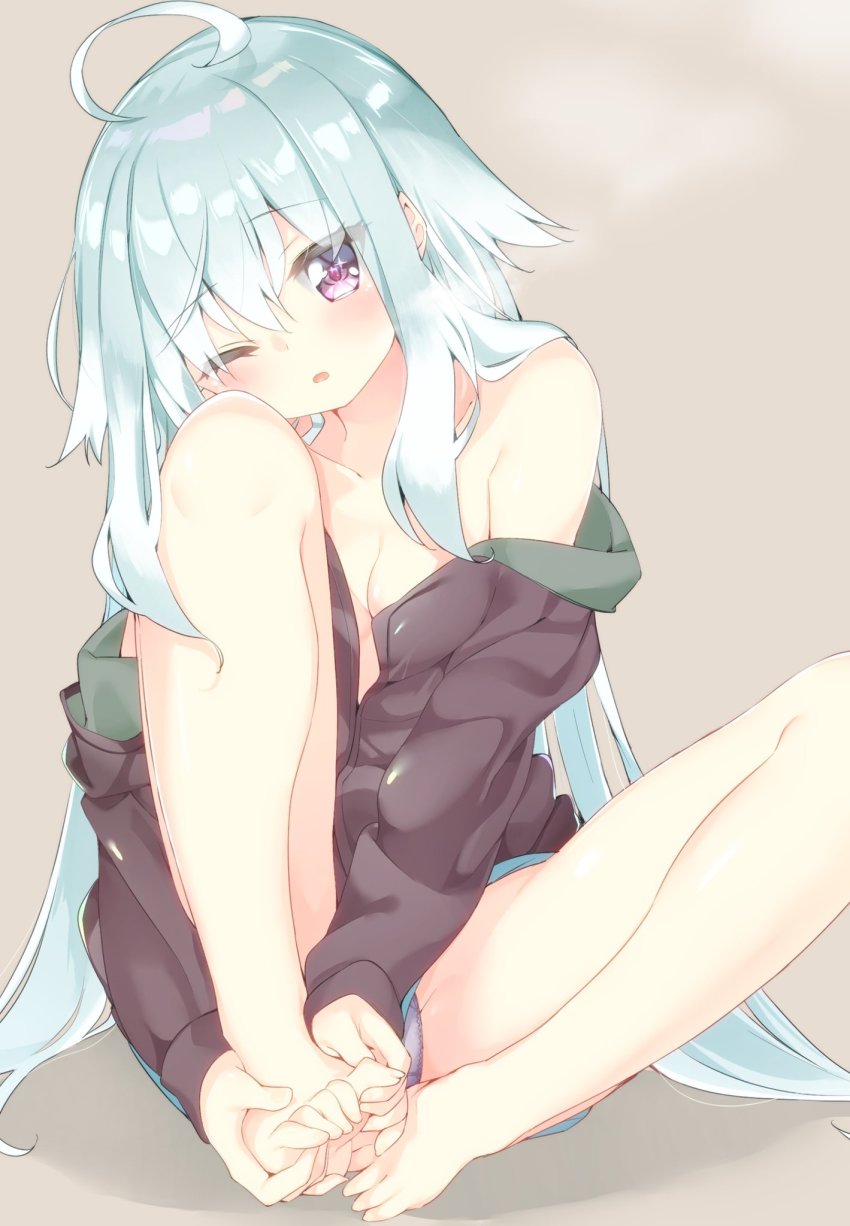 1girl, aqua_hair, barefoot, between_toes, blush, breasts, cleavage, collarbone