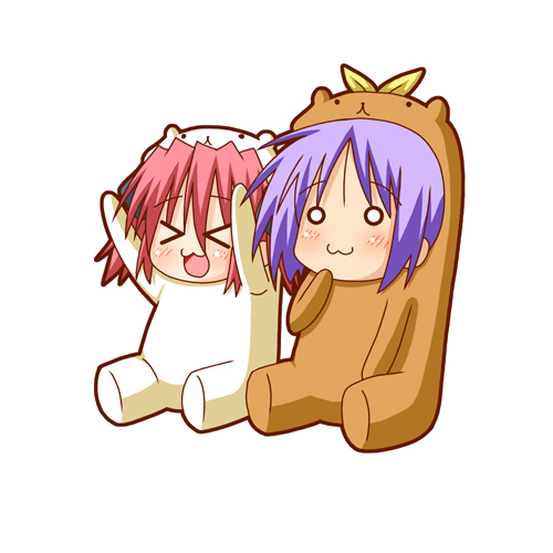>_<, 00s, 0_0, 2girls, :3, animal_costume, arms_up, bear_costume