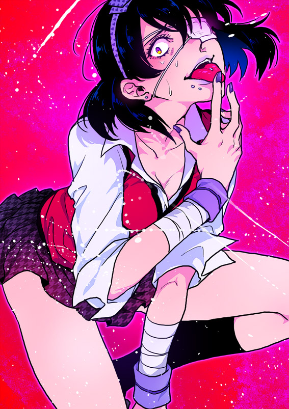 1girl, artist_request, bandages, black_hair, earrings, eyepatch, hairband, ikishima_midari, jewelry, kakegurui, looking_at_viewer, school_uniform, short_hair, skirt, tongue_piercing, wristband