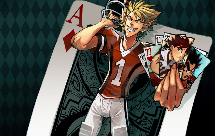 00s, 1boy, american_football, american_football_helmet, american_football_uniform, bandaid, black_hair, blonde_hair, brown_eyes, brown_hair, card, card_background, clothes_writing, earrings, eyeshield_21, fayrenpickpocket, green_eyes, grin, helmet, hiruma_youichi, holding, holding_card, jewelry, kobayakawa_sena, kurita_ryokan, male_focus, pointy_ears, raimon_tarou, sharp_teeth, smile, solo, spiked_hair, sportswear, teeth