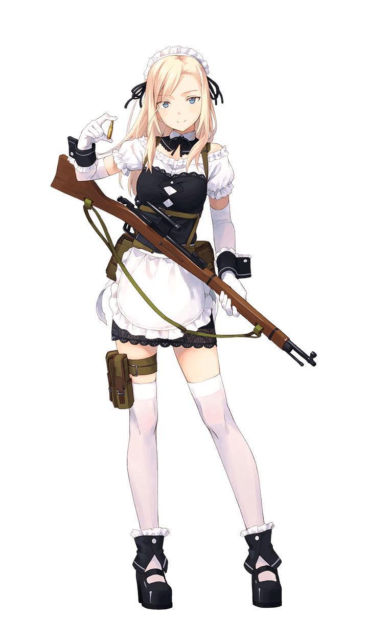1girl, alevetz_novoseltsova, alternate_costume, apron, black_ribbon, black_shoes, blonde_hair, blue_eyes, bullet, elbow_gloves, enmaided, female_focus, formation_girls, full_body, gloves, gun, hair_ribbon, highres, holding, holding_bullet, holding_gun, holding_weapon, kinta_(distortion), looking_at_viewer, maid, maid_apron, maid_headdress, ribbon, rifle, shoes, smile, solo, swept_bangs, thighhighs, transparent_background, weapon, white_gloves, white_thighhighs