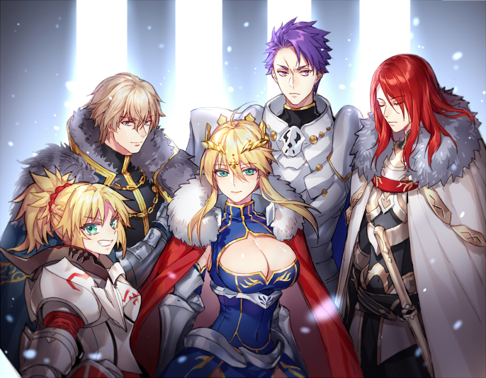 >;d, 2girls, 3boys, ;d, aqua_eyes, armor, artoria_pendragon_(fate), artoria_pendragon_(lancer)_(fate)