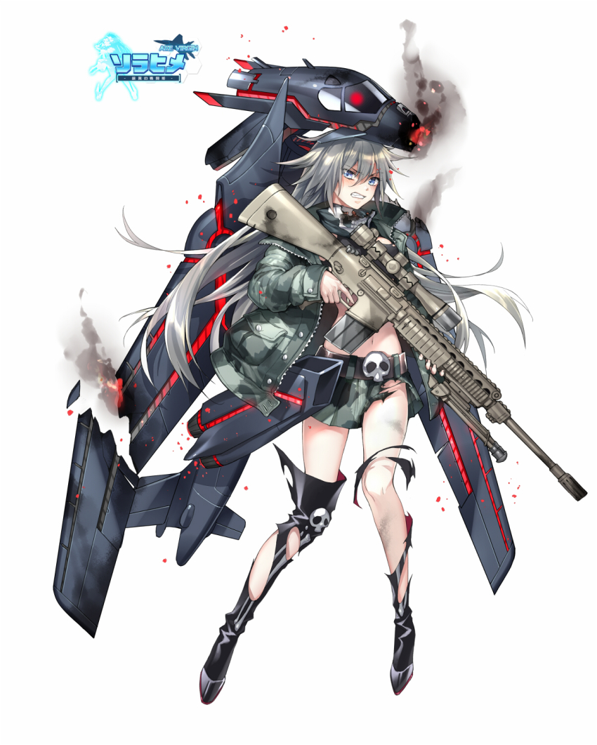 1girl, ace_virgin, aircraft, airplane, b-1_lancer, belt, black_boots, blue_eyes