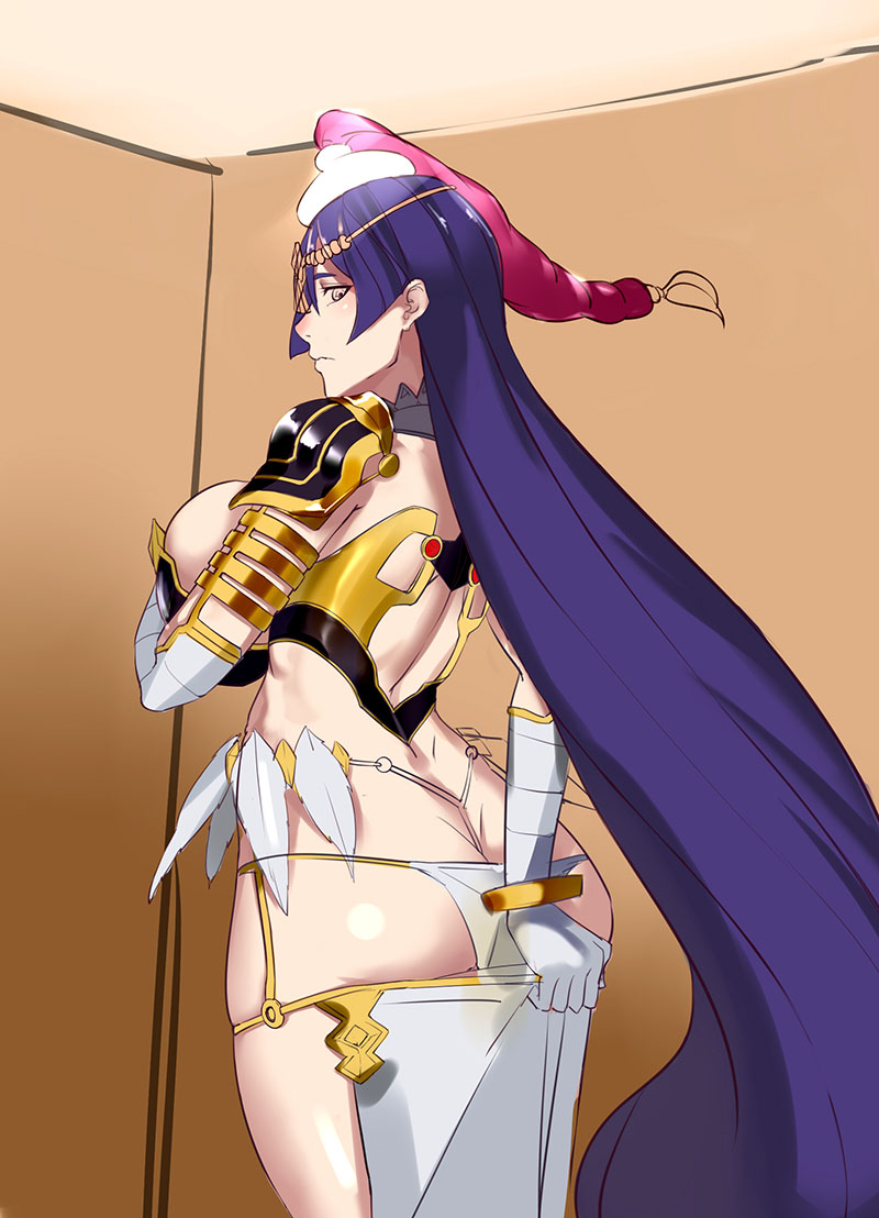 1girl, ass, blush, bodysuit, breasts, butt_crack, circlet, cleavage, cosplay, fate/grand_order, fate_(series), female_focus, fingerless_gloves, gloves, huge_breasts, jewelry, large_breasts, long_hair, looking_at_viewer, minamoto_no_raikou_(fate), panties, purple_eyes, purple_hair, ring, scheherazade_(fate), scheherazade_(fate)_(cosplay), scheherazade_(third_ascension)_(fate), solo, thighs, underwear, veil, very_long_hair