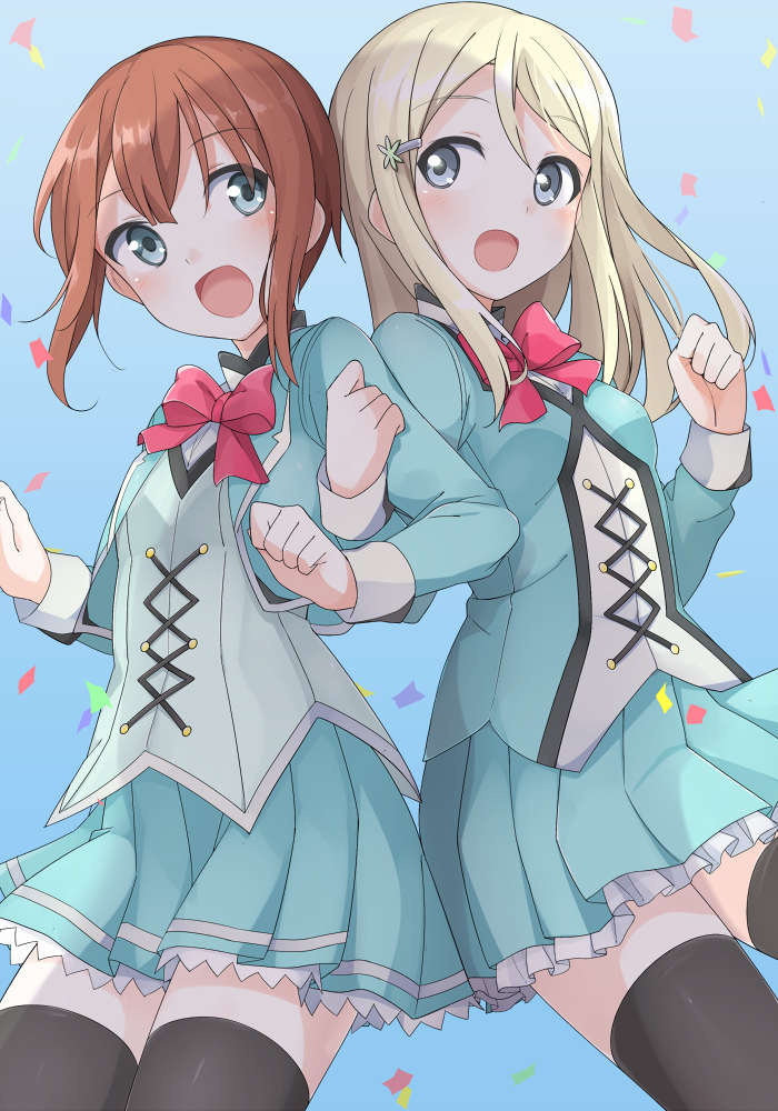 2girls, :d, ayase_alisa, bad_id, bad_pixiv_id, black_legwear, blonde_hair, blue_background