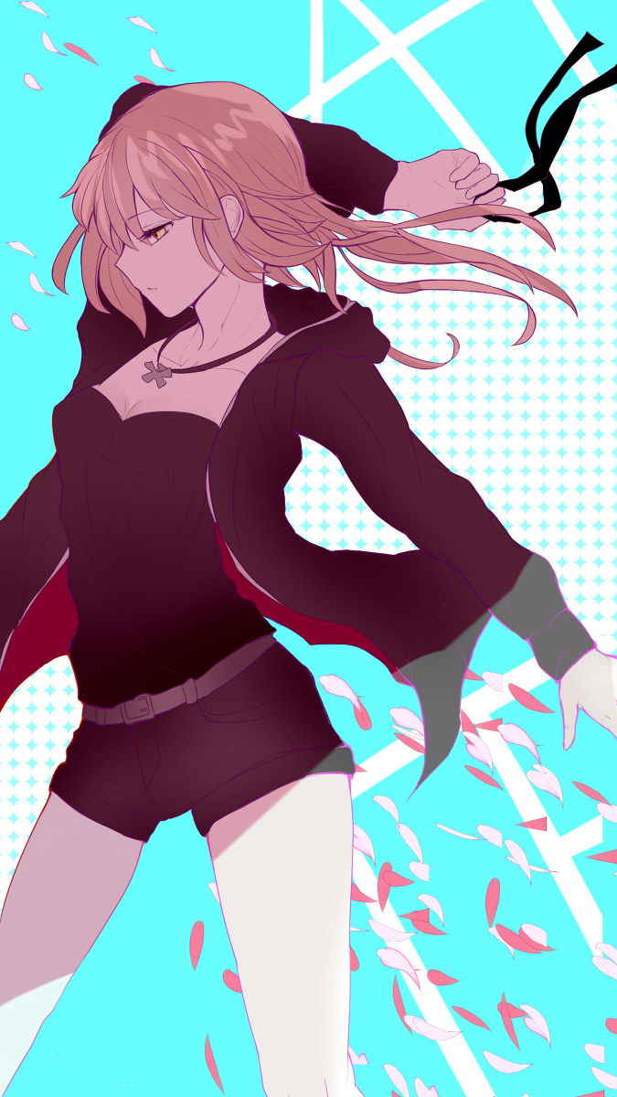 1girl, arm_up, artoria_pendragon_(fate), black_jacket, black_ribbon, black_shirt, black_shorts, breasts