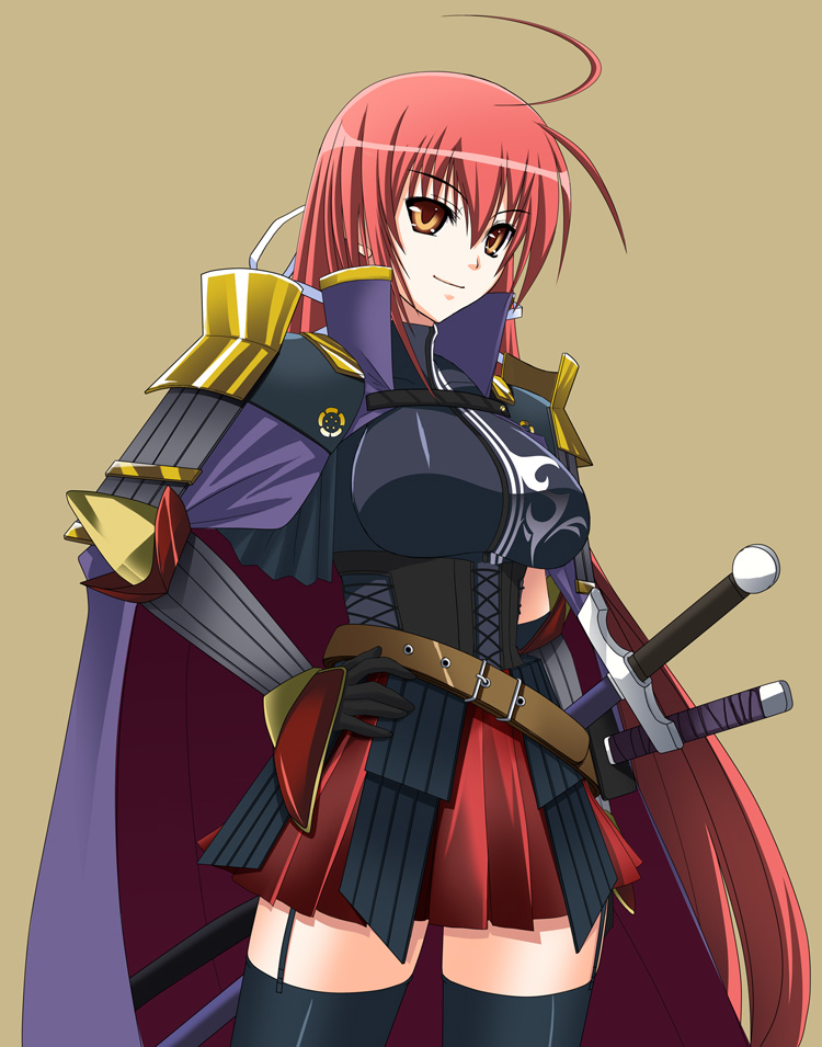 1girl, ahoge, armor, breasts, cape, corset, female_focus, gender_request, genderswap, ichimedoo, long_hair, oda_nobunaga_(sengoku_hime), red_hair, sengoku_hime, simple_background, solo, sword, thighhighs, very_long_hair, weapon, zettai_ryouiki