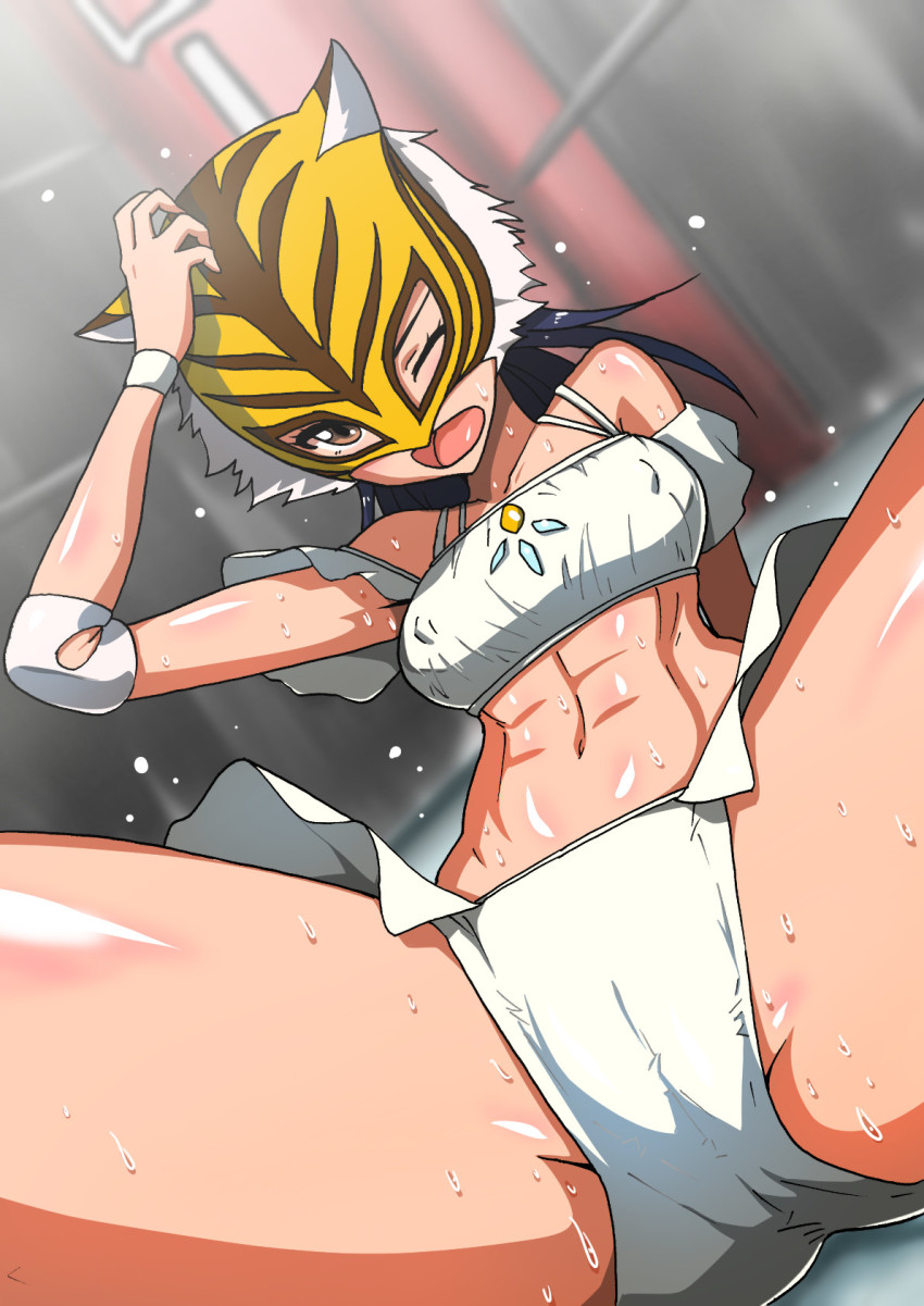 1girl, abs, black_hair, brown_eyes, elbow_pads, female_focus, highres, manjuurou, mask, midriff, navel, one_eye_closed, solo, spread_legs, spring_tiger, sweat, takaoka_haruna, tiger_mask_(series), tiger_mask_w, wrestling_outfit, wrestling_ring, wristband