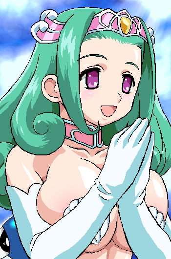 1girl, :d, bare_shoulders, bikini, breasts, breasts_squeezed_together, choker, cloud, elbow_gloves, female_focus, gloves, green_hair, huge_breasts, long_hair, looking_to_the_side, lulu_(magipoka), mermaid, monster_girl, nanashi_mushi, open_mouth, purple_eyes, renkin_san-kyuu_magical_pokaan, seashell, shell, shell_bikini, smile, solo, tiara, underboob, upper_body