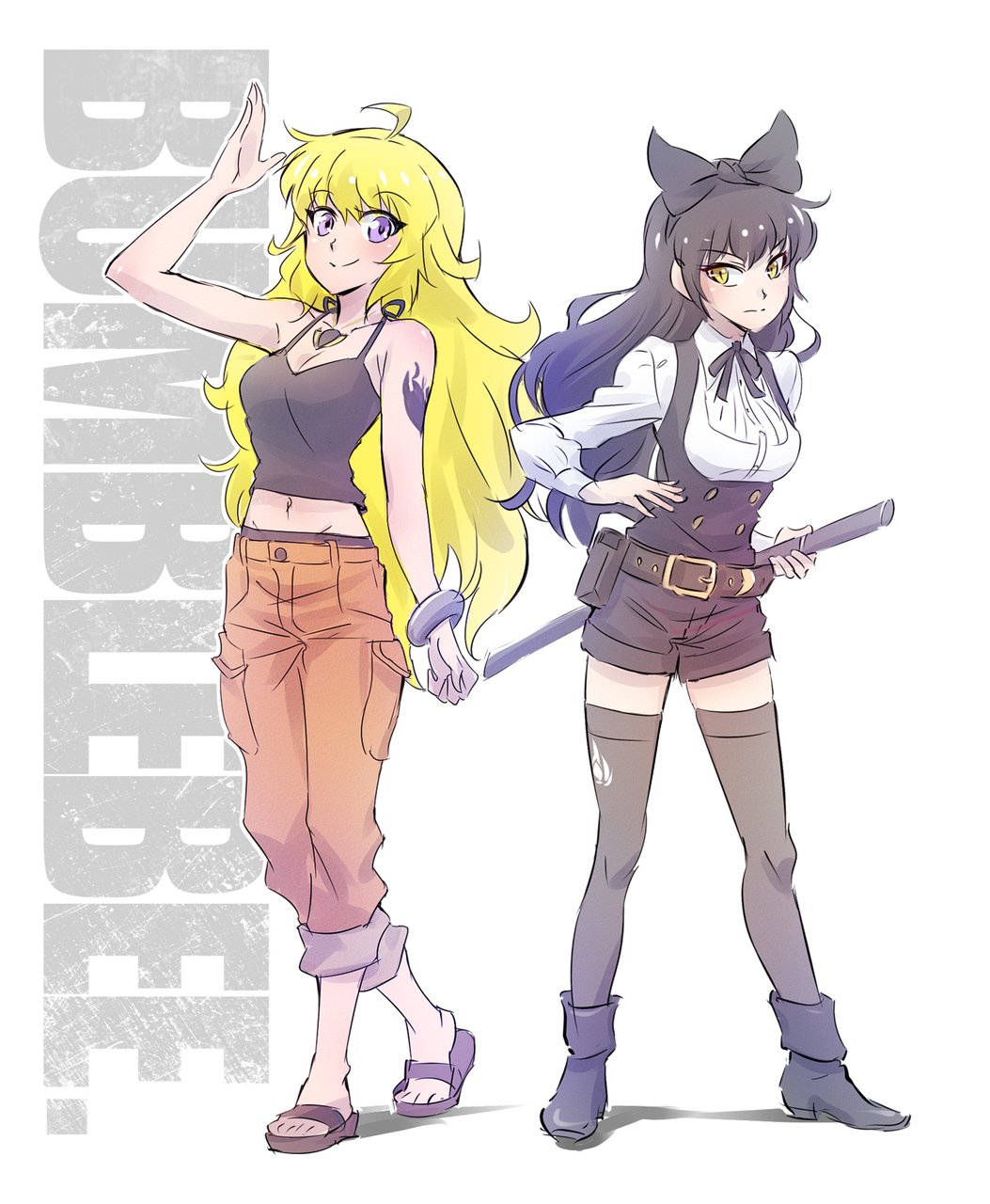 2girls, ahoge, arm_tattoo, black_hair, blake_belladonna, blonde_hair, bow, bracelet