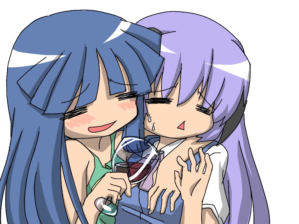 00s, 2girls, alcohol, blue_hair, chalice, cup, dress, drunk, furude_rika, hanyuu, higurashi_no_naku_koro_ni, horns, long_hair, multiple_girls, natsukawa_hikari, purple_hair, school_uniform, wine