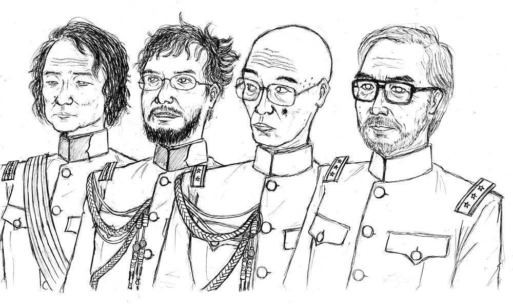 4boys, aiguillette, anno_hideaki_(person), bald, beard, crapgame, facial_hair, glasses, greyscale, imperial_japanese_army, male_focus, military, military_uniform, miyazaki_hayao_(person), mole, monochrome, multiple_boys, old, old_man, oshii_mamoru, real_life, real_life_insert, sash, sketch, tomino_yoshiyuki, trait_connection