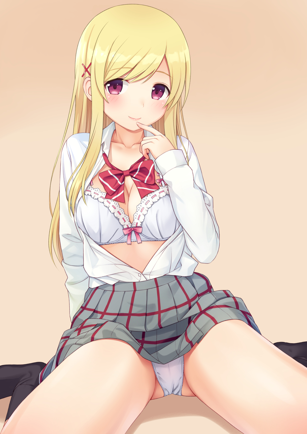 1girl, black_socks, blonde_hair, blush, bra, breasts, closed_mouth, collarbone