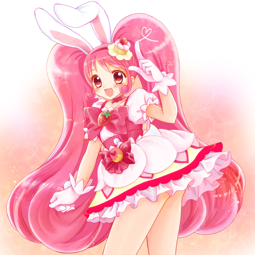 10s, 1girl, :d, animal_ears, cake_hair_ornament, choker, cure_whip, earrings, female_focus, food, food-themed_hair_ornament, fruit, hair_ornament, highres, index_finger_raised, jewelry, kirakira_precure_a_la_mode, long_hair, looking_at_viewer, magical_girl, open_mouth, pink_choker, pink_eyes, pink_hair, pom_pom_(clothes), pom_pom_earrings, precure, rabbit_ears, shararan, smile, solo, strawberry, twintails, usami_ichika